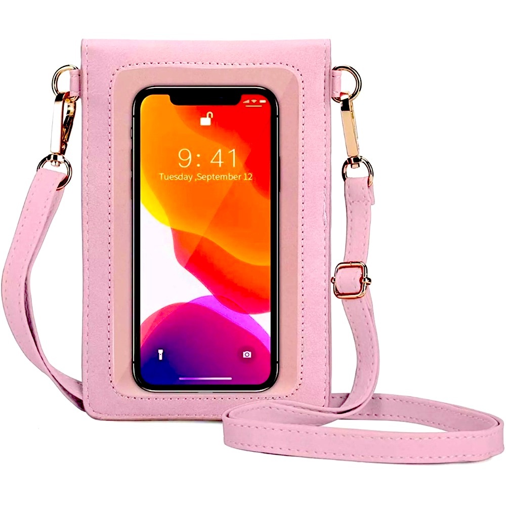 AnsTOP Crossbody Cell Phone Wallet Purse Pink Leather with Adjustable 27” Strap